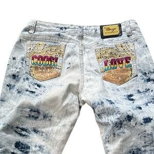 COOGI Australia Y2K Acid Wash Capri Jeans Rhinestone "Coogi Love" Size 11/12